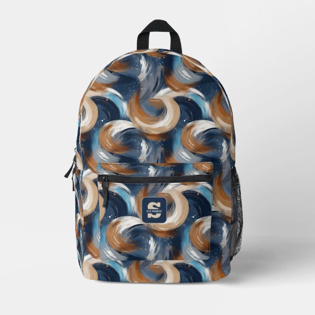 Curly Abstract Brushstrokes in Blue, White & Brown Printed Backpack (Front)