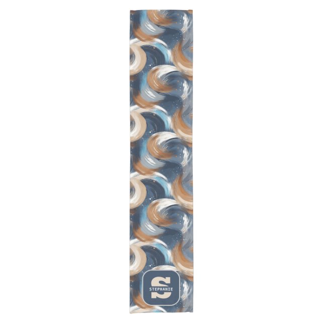 Curly Abstract Brushstrokes in Blue, White & Brown Short Table Runner (Front)
