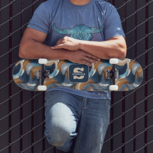 Curly Abstract Brushstrokes in Blue, White & Brown Skateboard