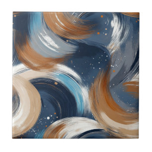 Curly Abstract Brushstrokes in Blue, White & Brown Tile