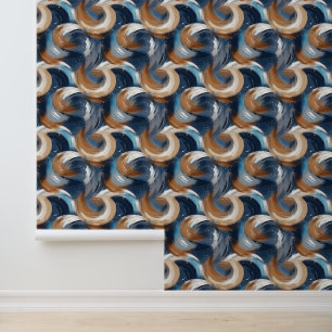 Curly Abstract Brushstrokes in Blue, White & Brown Wallpaper