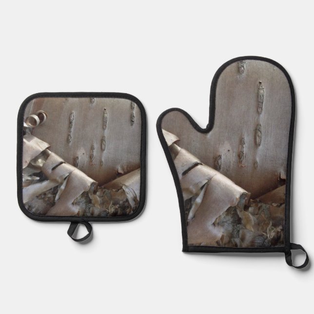 Curly Birch Bark Tree Rustic Oven Mitt & Pot Holder Set (Front)
