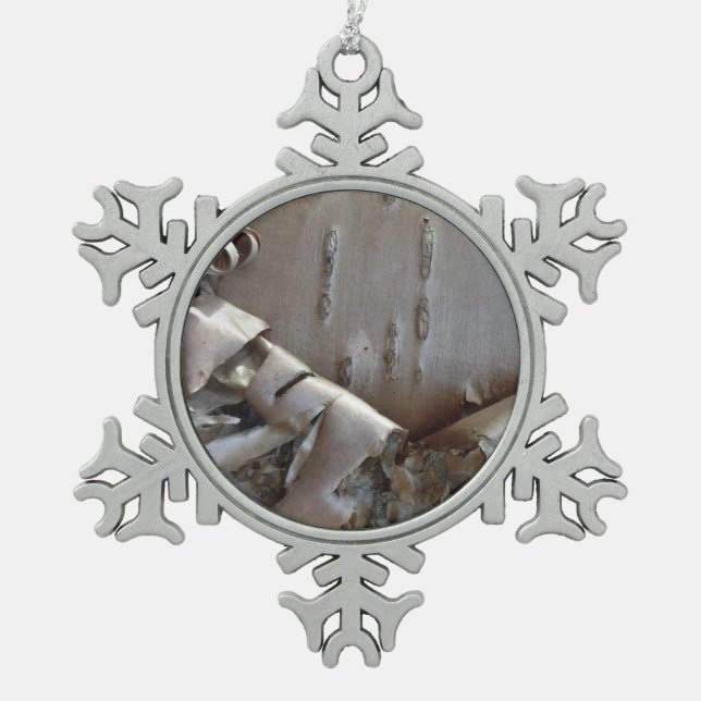 Curly Birch Bark Tree Rustic Snowflake Pewter Christmas Ornament (Front)