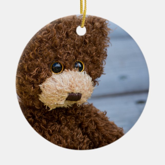 Curly Brown Teddy Bear Ceramic Ornament (Front)