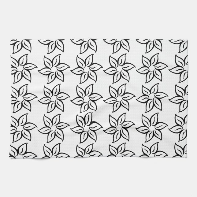Curly Flower Pattern - Black on White Kitchen Towel (Horizontal)