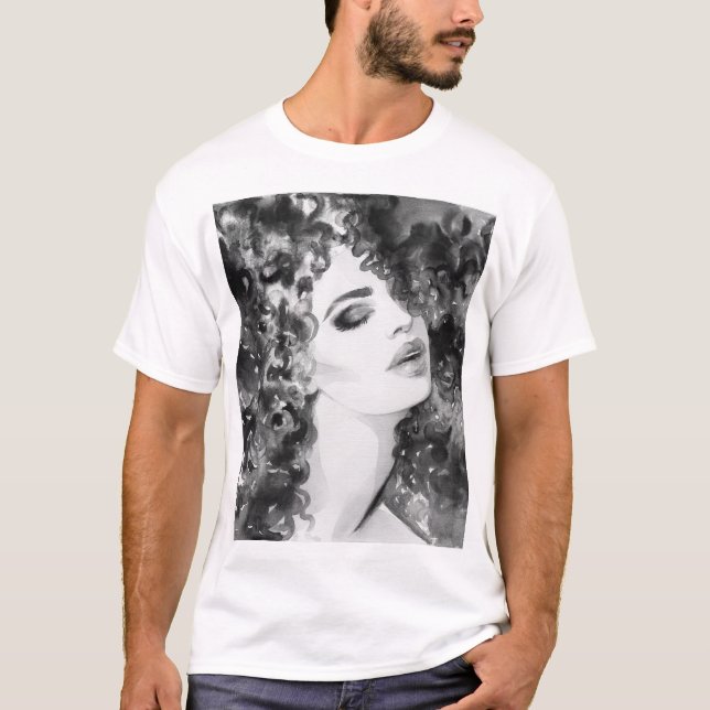 Curly Grace: Fashion Watercolor Beauty T-Shirt (Front)