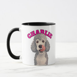 Curly Grey Poodle Dog Licking Nose Illustration Mug