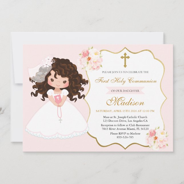 Curly haired Girl First Communion Soft Pink Invitation (Front)