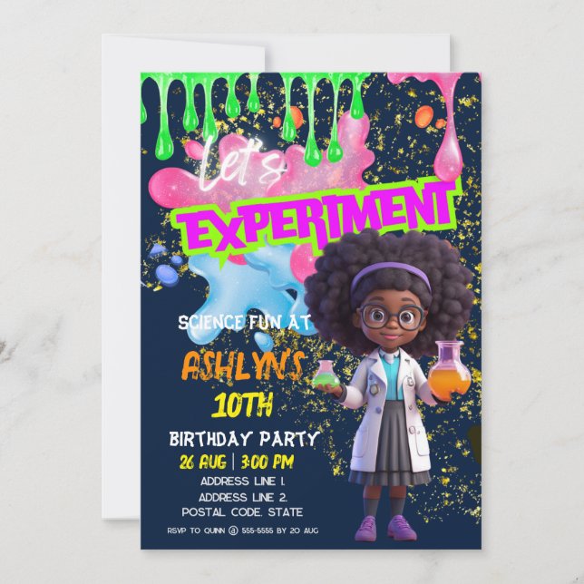 Curly-Haired Girl Scientist Fun Science Birthday Invitation (Front)