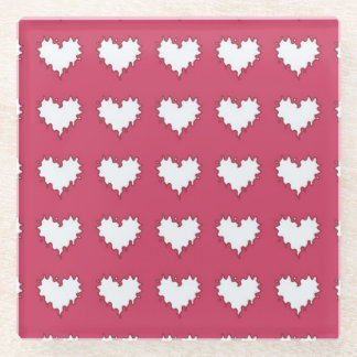 Curly Heart White on Dark Pink Glass Drink Coaster