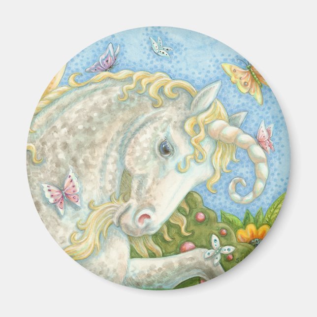 Curly Horned Unicorn Fantasy ROUND MAGNET (Front)