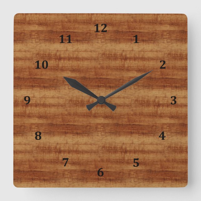 Curly Koa Acacia Wood Grain Look Square Wall Clock (Front)