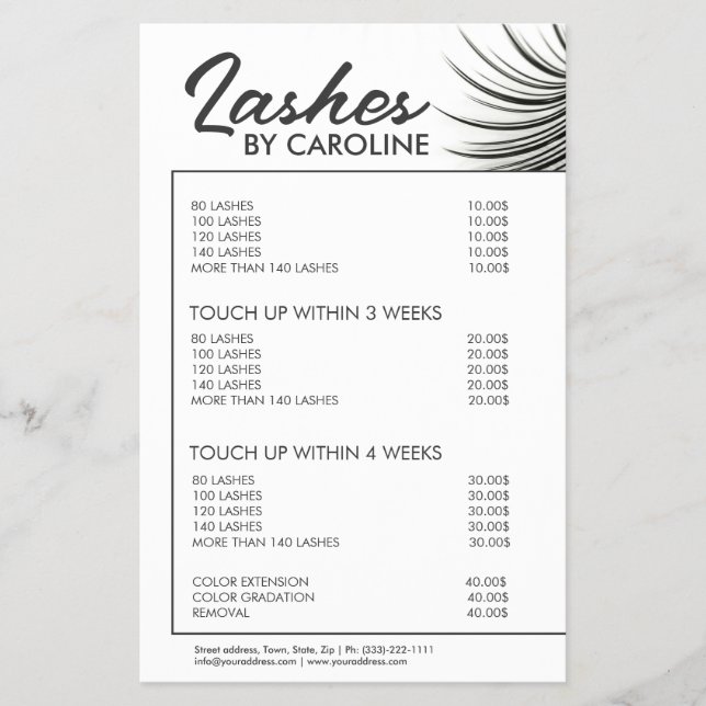 Curly Lash Extensions Bordered White Price List Flyer (Front)