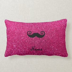 Curly moustache neon hot pink glitter lumbar pillow