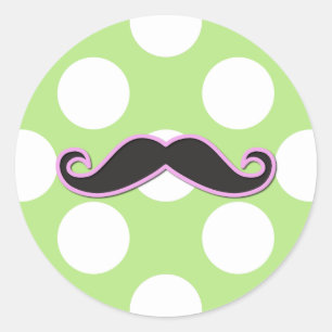Curly Moustache, Polka Dots - Black Pink Green Classic Round Sticker