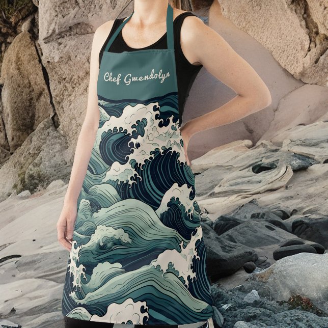 Curly Ocean Waves Vintage Japanese Look Monogram Apron (Creator Uploaded)