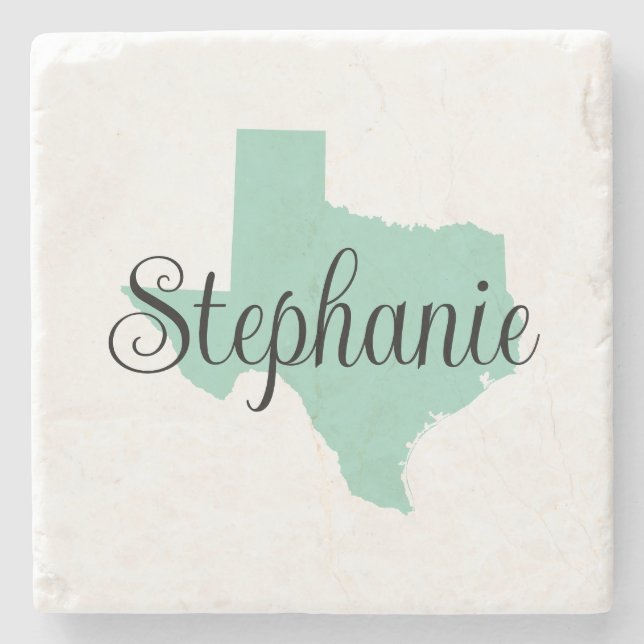 Curly Script Name Light Teal Texas Stone Coaster (Front)