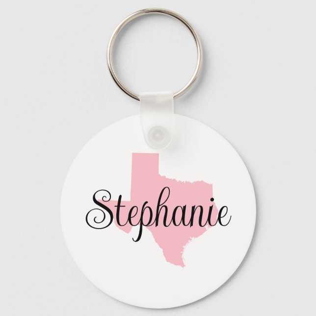 Curly Script Name Pink Texas Family Photo Keychain (Front)