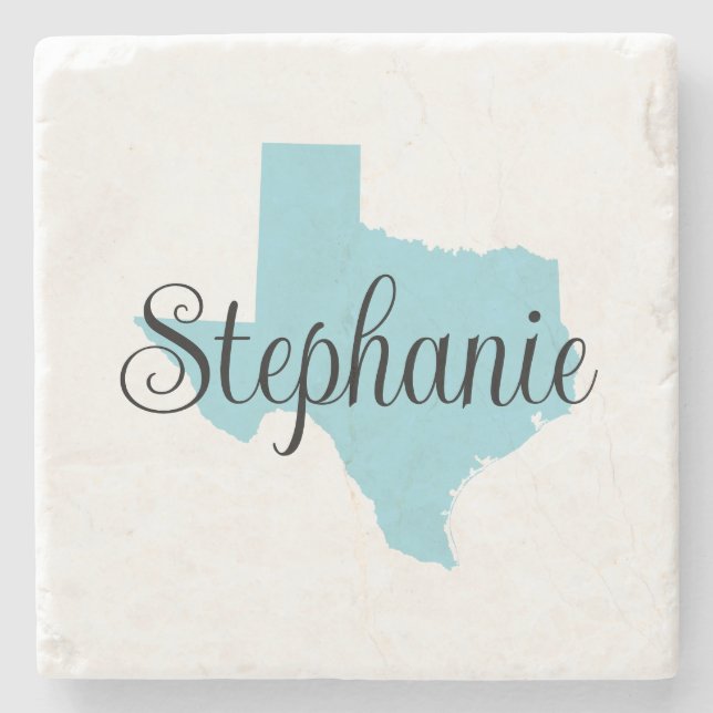 Curly Script Name Robin Egg Blue Texas Stone Coaster (Front)