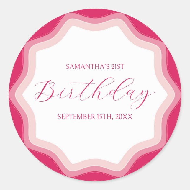 Curly Wavy Pink Retro 21st Birthday Sticker (Front)
