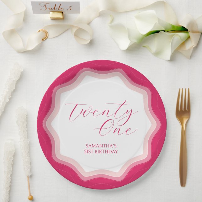 Curly Wavy Pink Retro 21st Birthday Sticker Paper Plate (Wedding)