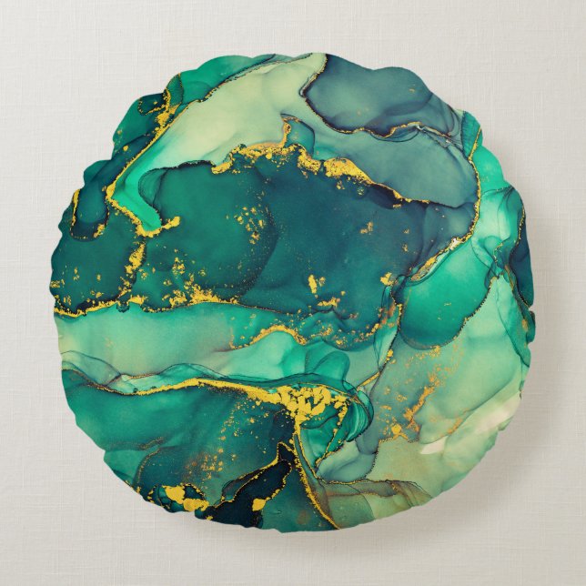 Currents of translucent hues, snaking metallic swi round pillow (Front)