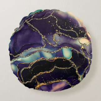 Currents of translucent hues, snaking metallic swi round pillow