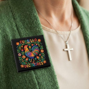 Cursillo DeColores Spanish Folk Art Rooster 2 Inch Square Button