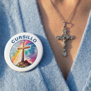 Cursillo Wood Cross With Rainbow and Clouds 4 Inch Round Button