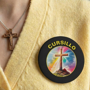 Cursillo Wood Cross With Rainbow and Clouds 4 Inch Round Button