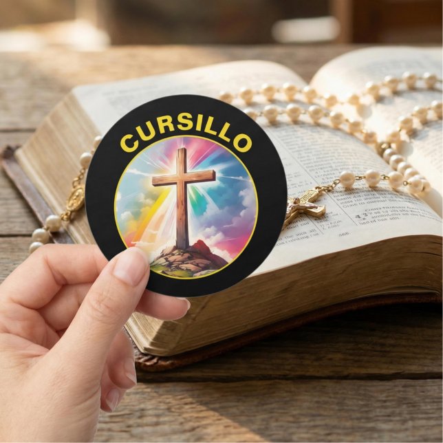 Cursillo Wood Cross With Rainbow and Clouds Classic Round Sticker (Creator Uploaded)