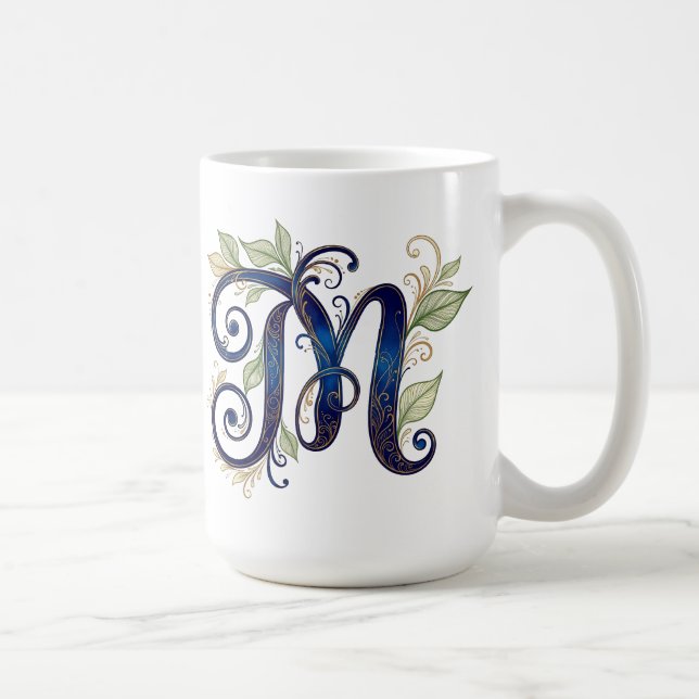 Cursive M – Elegant Blue & Gold Monogram Coffee Mug (Right)