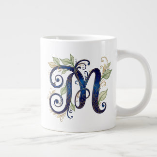 Cursive M – Elegant Blue & Gold Monogram Large Coffee Mug