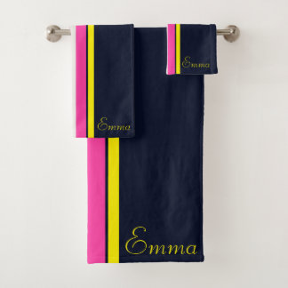 Cursive Navy Yellow And Hot Pink Striped Bath Towel Set