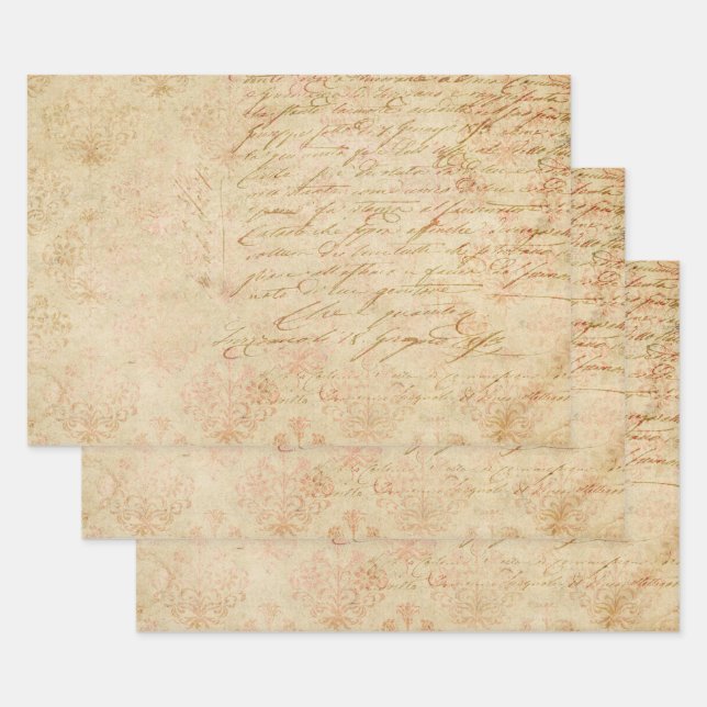 Cursive Script and Filigree on Tan Wrapping Paper Sheet (Set)