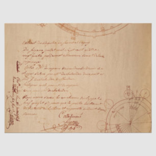 Cursive Script and Mechanical Drawings on Tan Tissue Paper