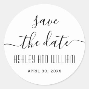 Cursive script calligraphy wedding Save the Date Classic Round Sticker