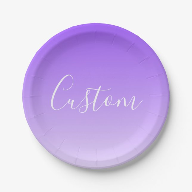 Cursive Script Name & Editable Light Purple Ombre  Paper Plate (Front)