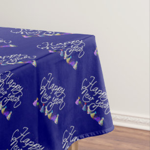 Cursive Text with Party Hats Happy New Year Tablecloth