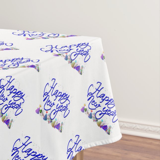 Cursive Text with Party Hats Happy New Year Tablecloth (In Situ)