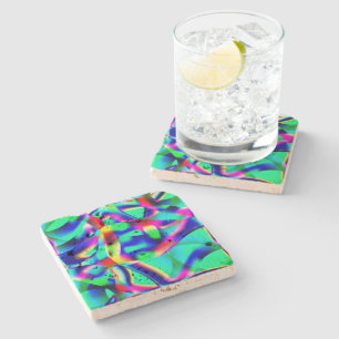 Curved and very colourful shapes, green prevails stone coaster