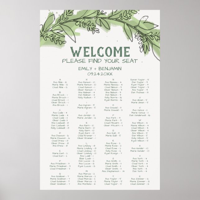 Curved Branch Greenery Alphabetical Seating Chart (Front)