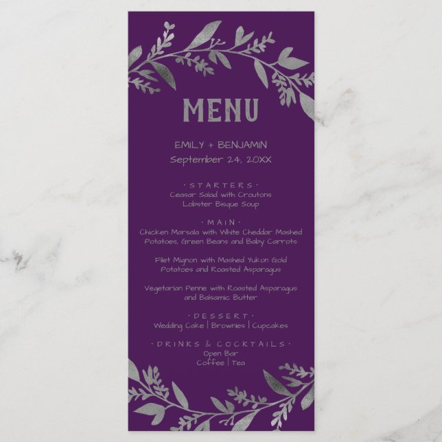 Curved Branches | Silver Dinner Menu Card (Front)