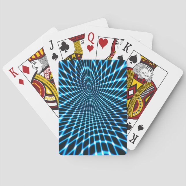 Curved crossed lines forming deep circle over blue playing cards (Back)