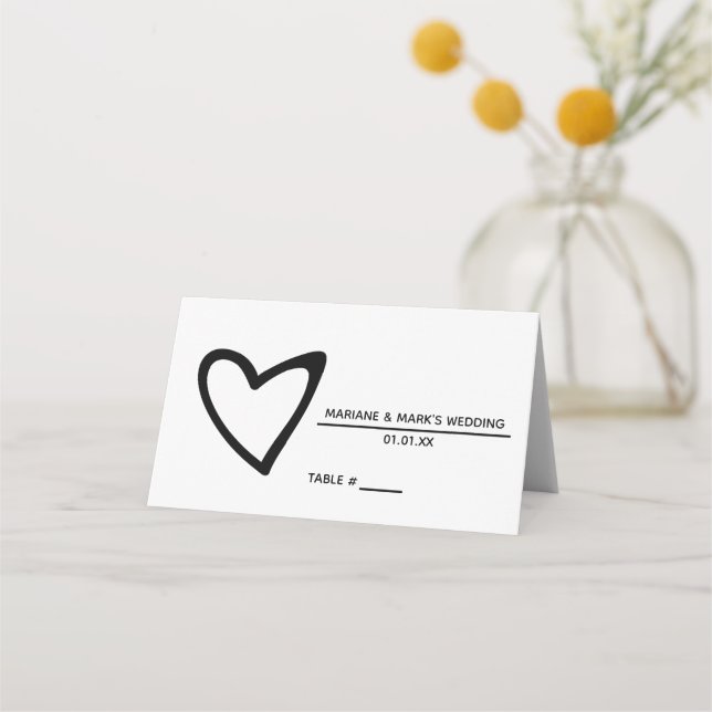 Curved Heart Black White Wedding Table Place Card (Front)