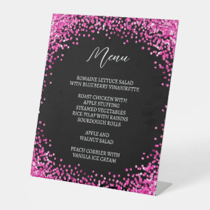 Curved Hot Pink Glitter Black Menu Pedestal Sign