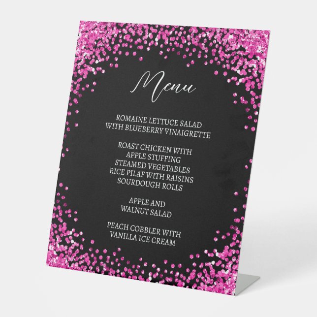 Curved Hot Pink Glitter Black Menu Pedestal Sign (Front)