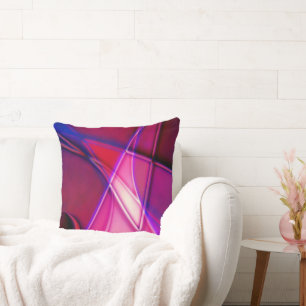 Curved lines and slanted squares in neon red pink throw pillow