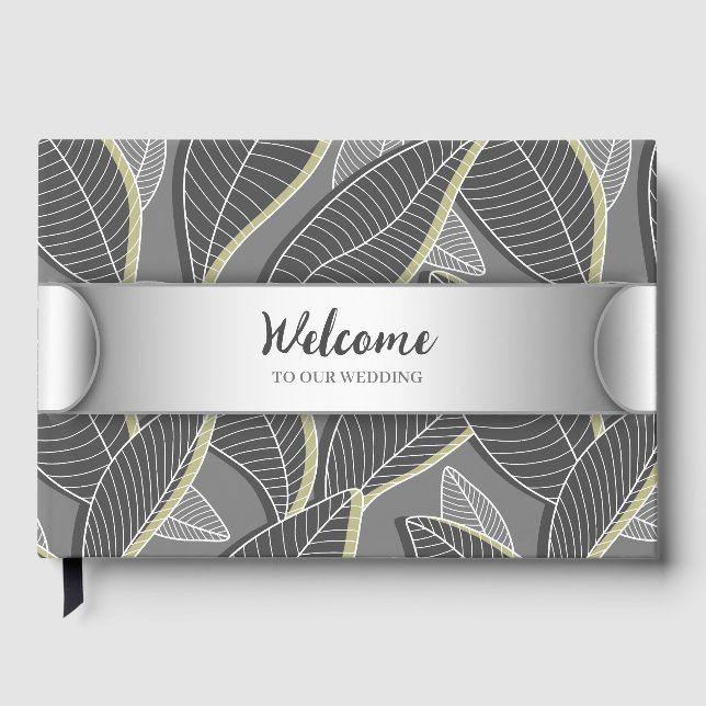 Curved lines Branches Leaves Grey G626 Guest Book (Front)