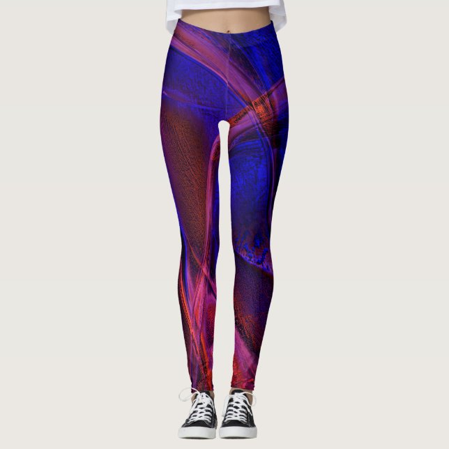 Curved strokes over startling red and blue crust   leggings (Front)